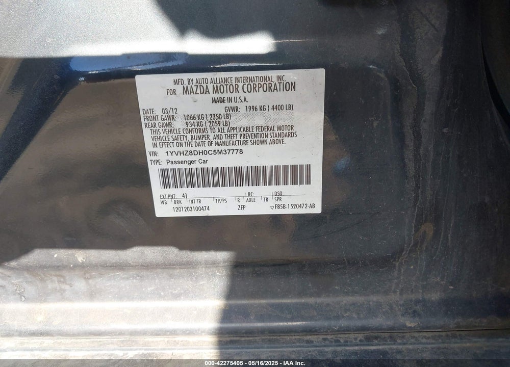2012 MAZDA 6 I TOURING VIN: 1YVHZ8DH0C5M37778