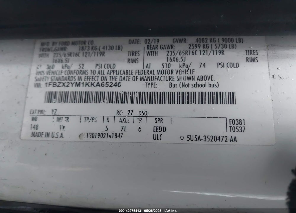 2019 FORD TRANSIT-350 VIN: 1FBZX2YM1KKA65246