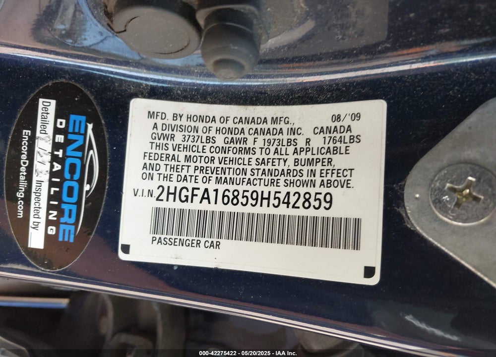 2009 HONDA CIVIC VIN: 2HGFA16859H542859