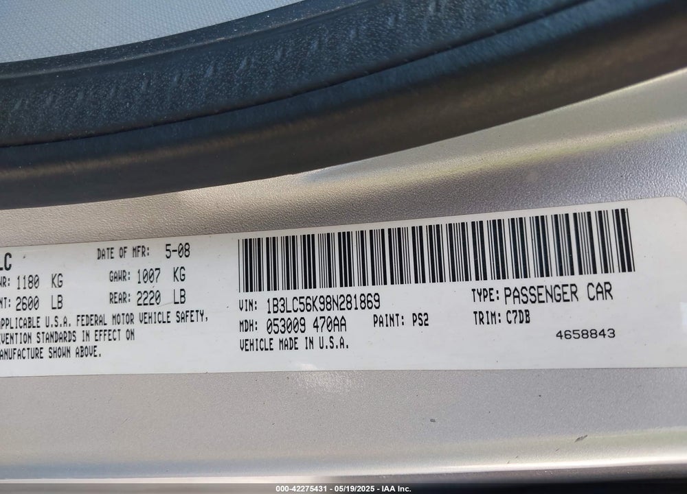 2008 DODGE AVENGER VIN: 1B3LC56K98N281869
