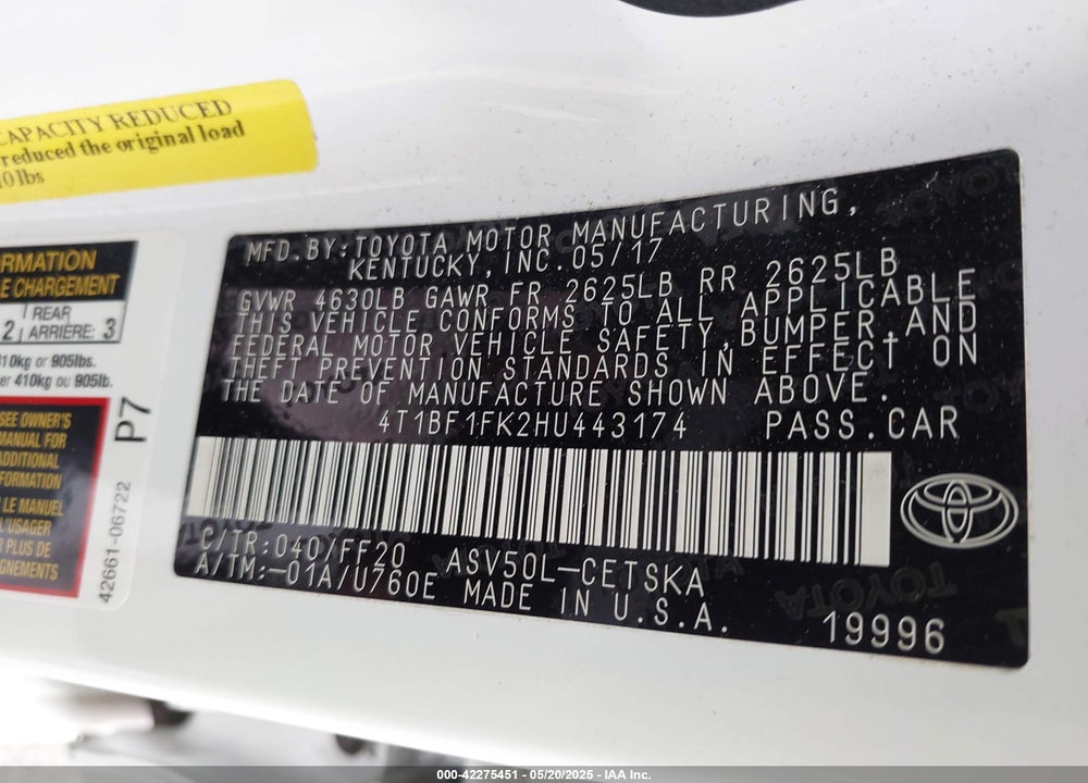 2017 TOYOTA CAMRY SE VIN: 4T1BF1FK2HU443174