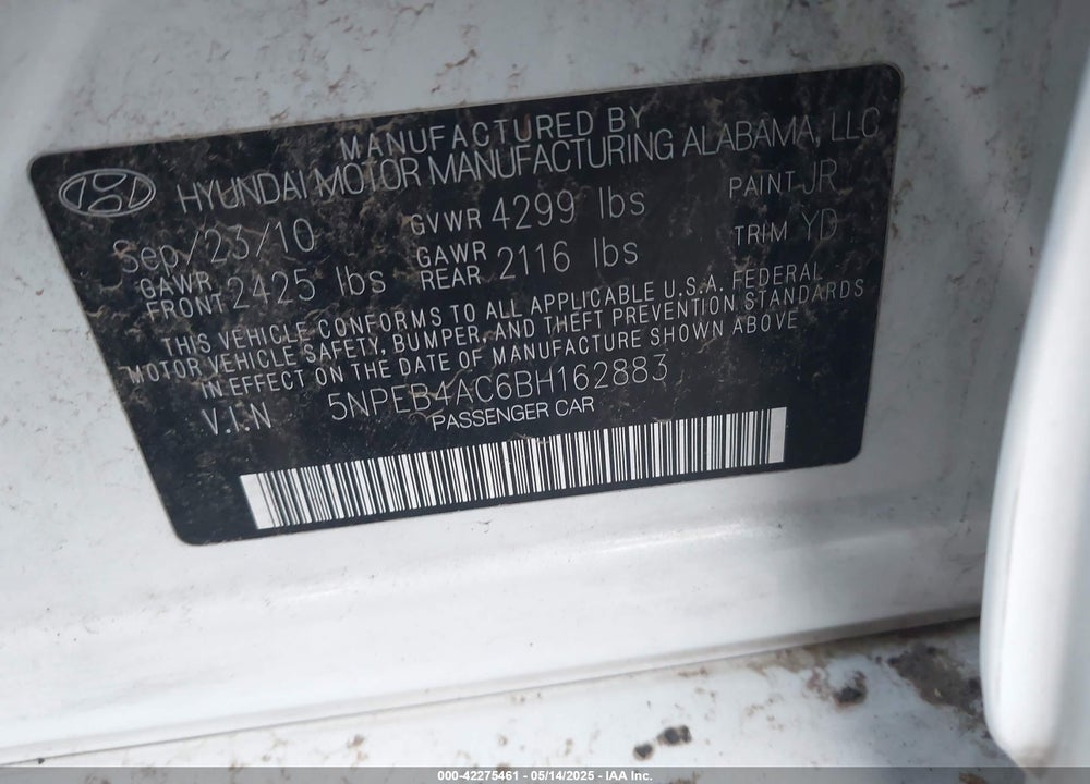 2011 HYUNDAI SONATA VIN: 5NPEB4AC6BH162883