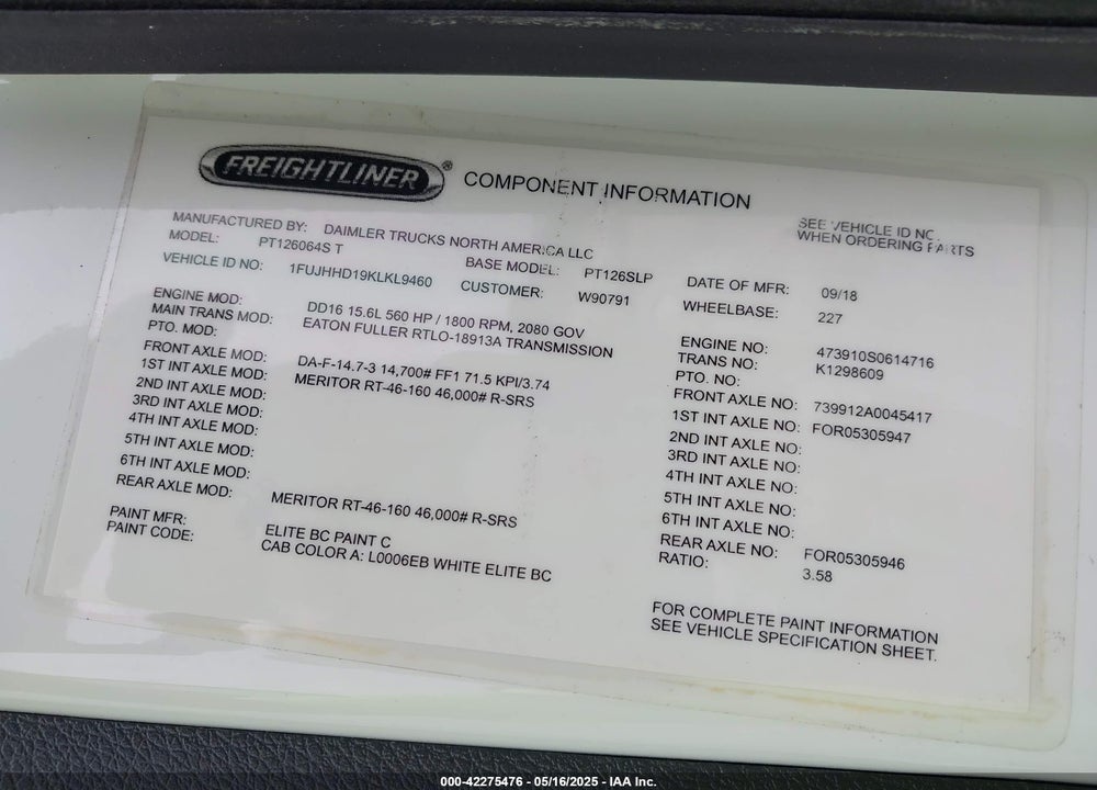 2019 FREIGHTLINER NEW CASCADIA 126 VIN: 1FUJHHD19KLKL9460