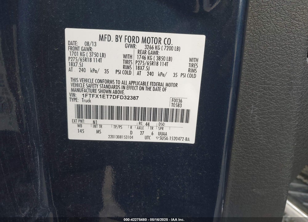 2013 FORD F-150 XLT VIN: 1FTFX1ET7DFD32387