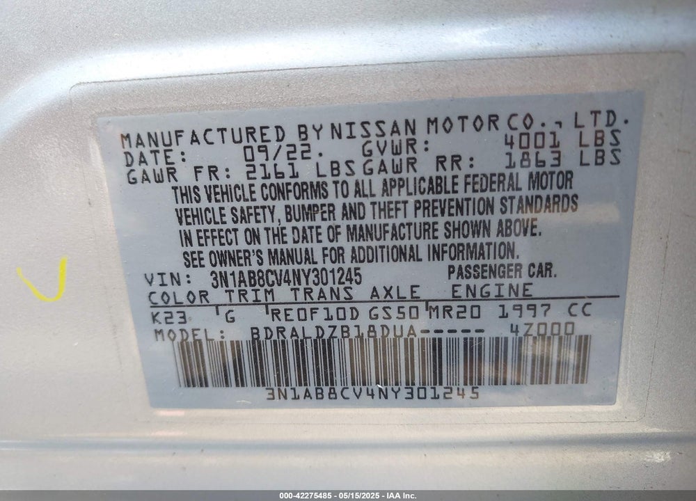 2022 NISSAN SENTRA VIN: 3N1AB8CV4NY301245