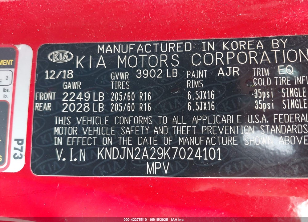 2019 KIA SOUL VIN: KNDJN2A29K7024101