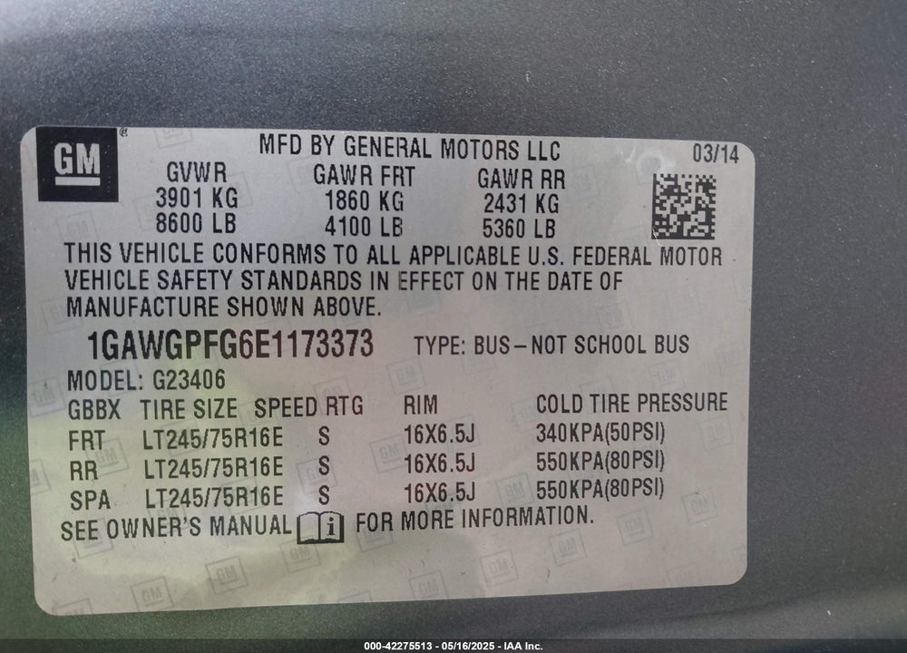 2014 CHEVROLET EXPRESS 2500 LS VIN: 1GAWGPFG6E1173373