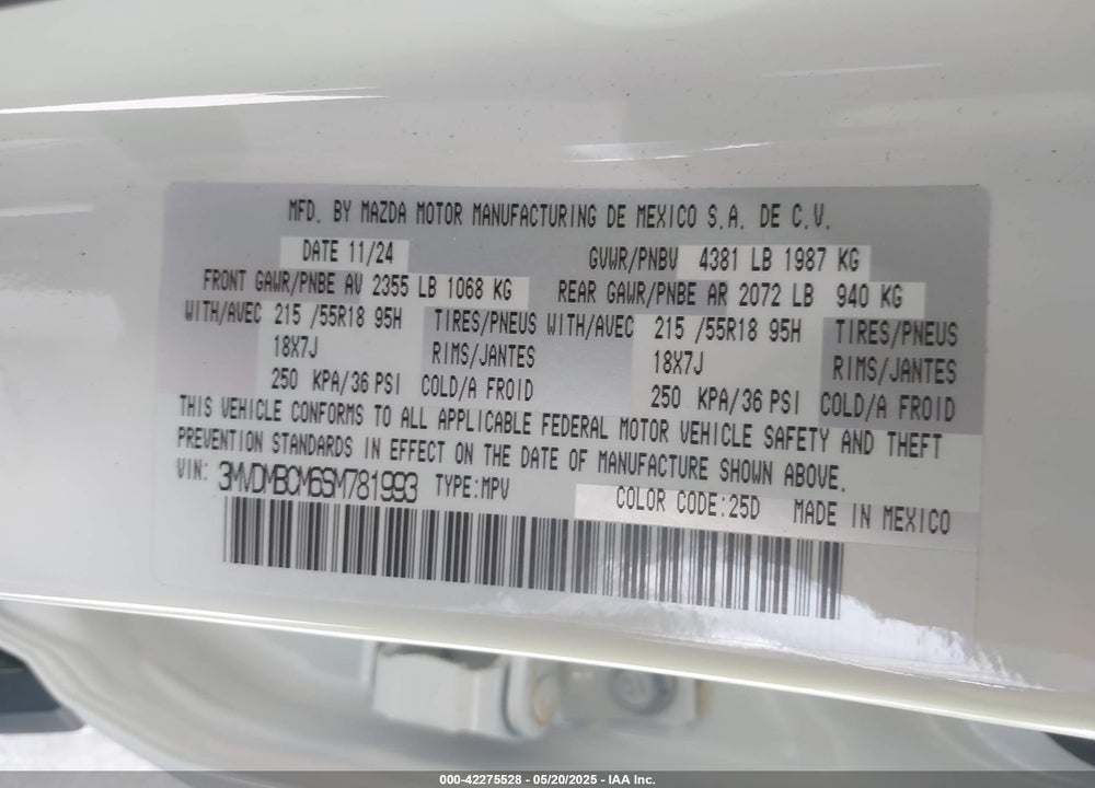 2025 MAZDA CX-30 VIN: 3MVDMBCM6SM781993