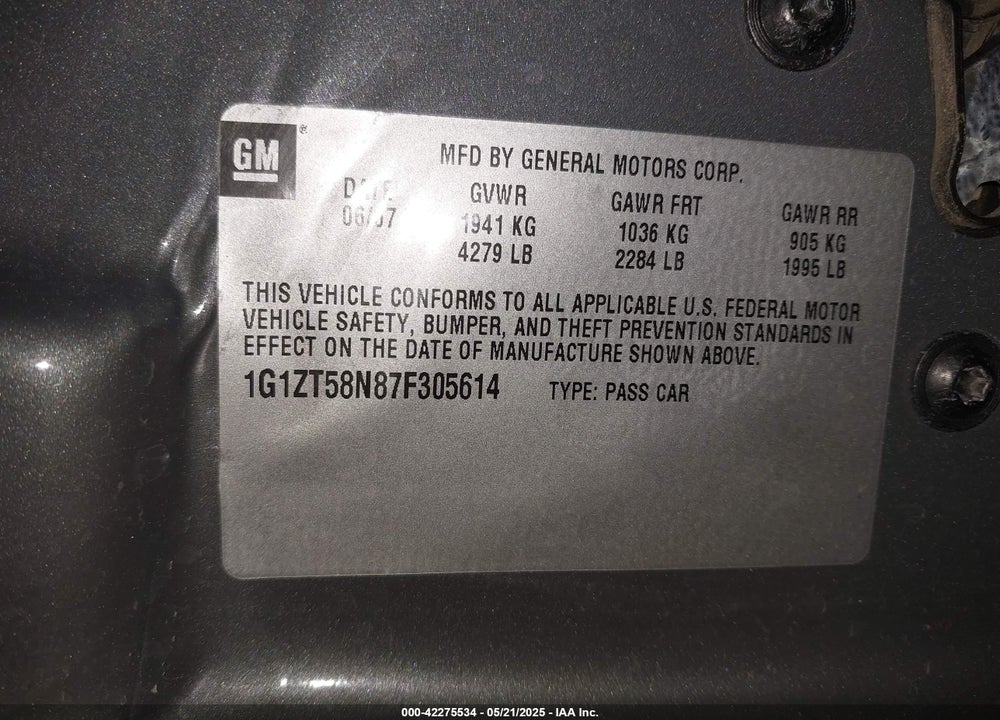 2007 CHEVROLET MALIBU LT VIN: 1G1ZT58N87F305614