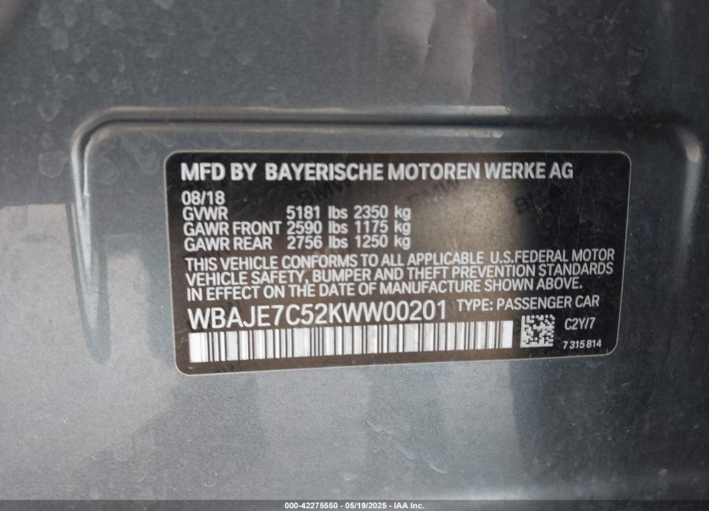 2019 BMW 540I XDRIVE VIN: WBAJE7C52KWW00201