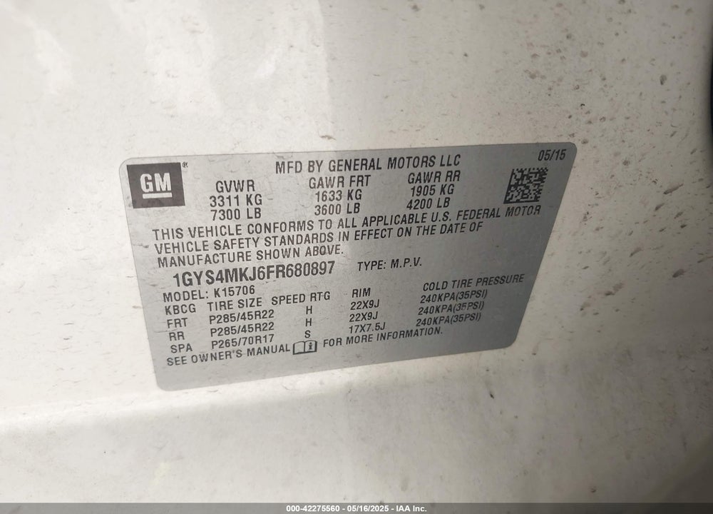 2015 CADILLAC ESCALADE VIN: 1GYS4MKJ6FR680897