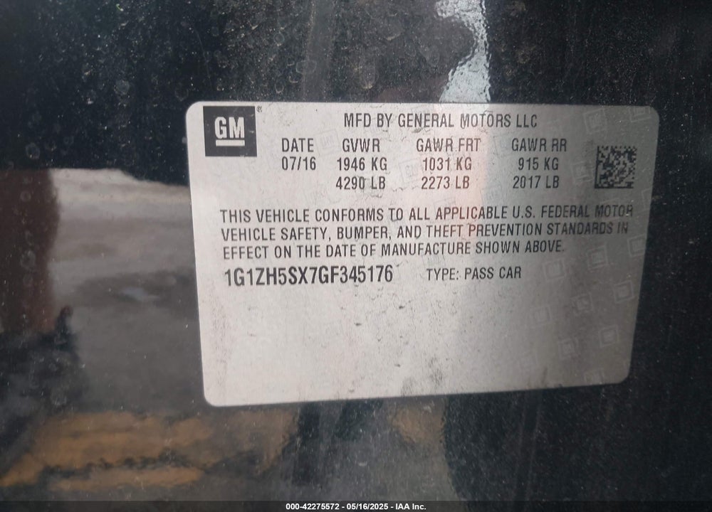 2016 CHEVROLET MALIBU VIN: 1G1ZH5SX7GF345176