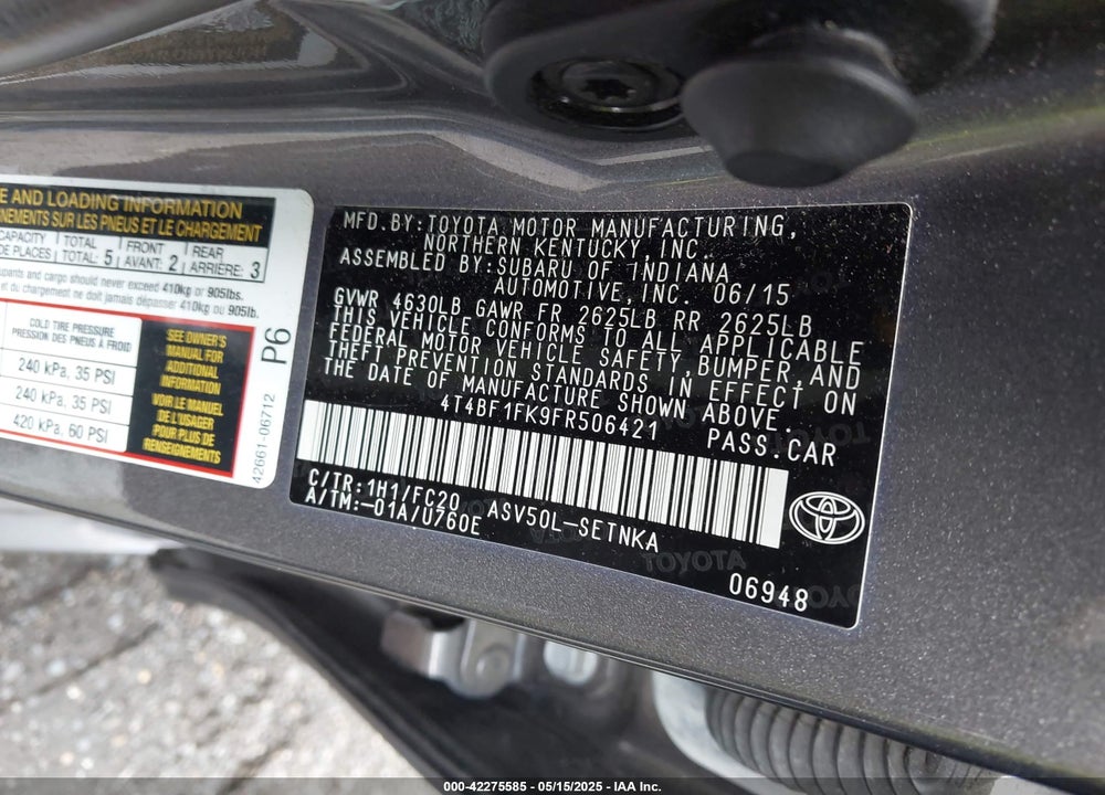 2015 TOYOTA CAMRY VIN: 4T4BF1FK9FR506421