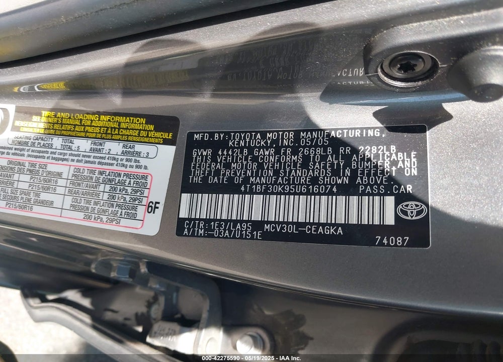 2005 TOYOTA CAMRY XLE V6 VIN: 4T1BF30K95U616074
