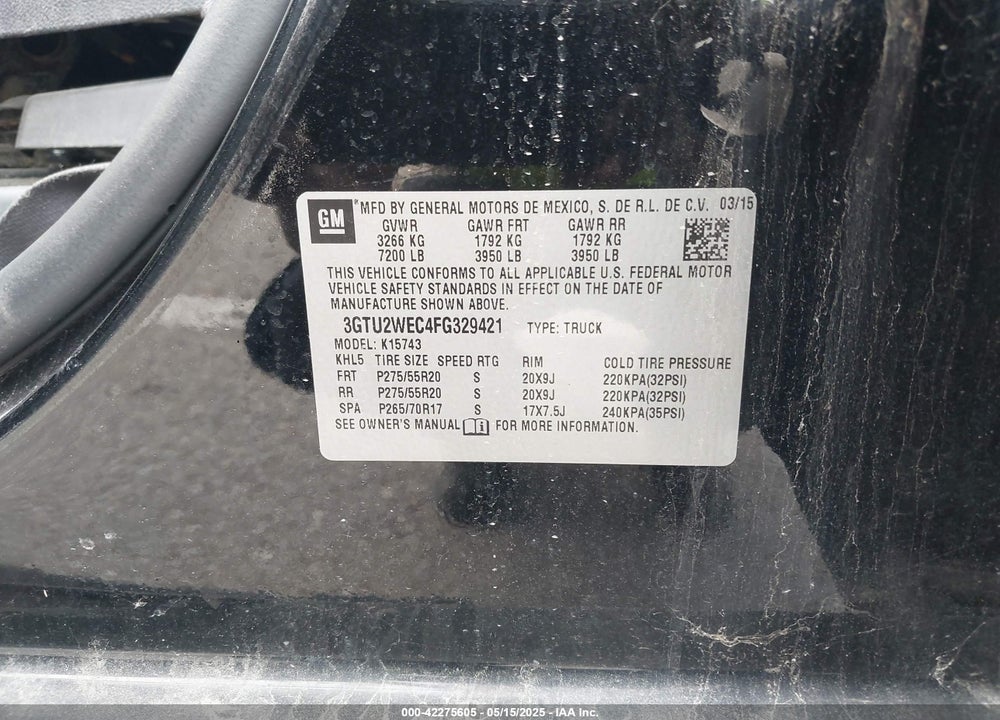 2015 GMC SIERRA 1500 VIN: 3GTU2WEC4FG329421
