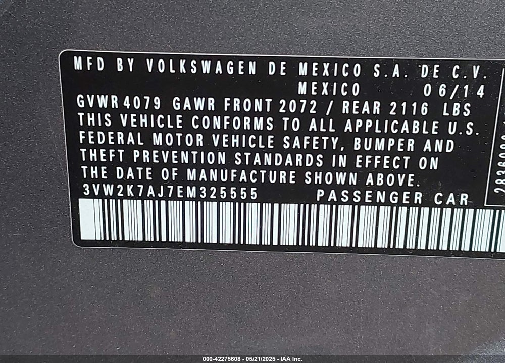2014 VOLKSWAGEN JETTA VIN: 3VW2K7AJ7EM325555