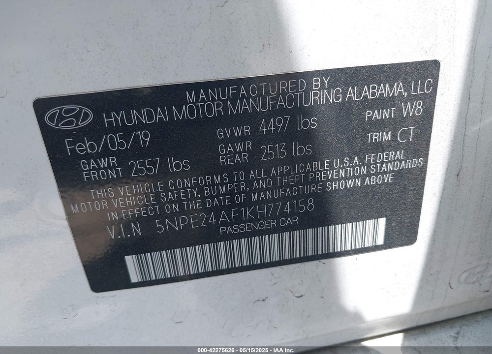 2019 HYUNDAI SONATA VIN: 5NPE24AF1KH774158