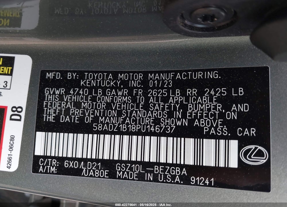 2023 LEXUS ES 350 VIN: 58ADZ1B18PU146737