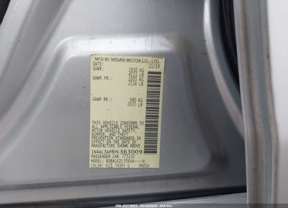 2015 NISSAN ALTIMA VIN: 1N4AL3AP8FN363009