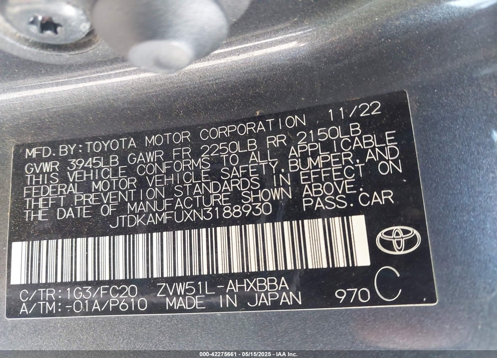 2022 TOYOTA PRIUS L VIN: JTDKAMFUXN3188930