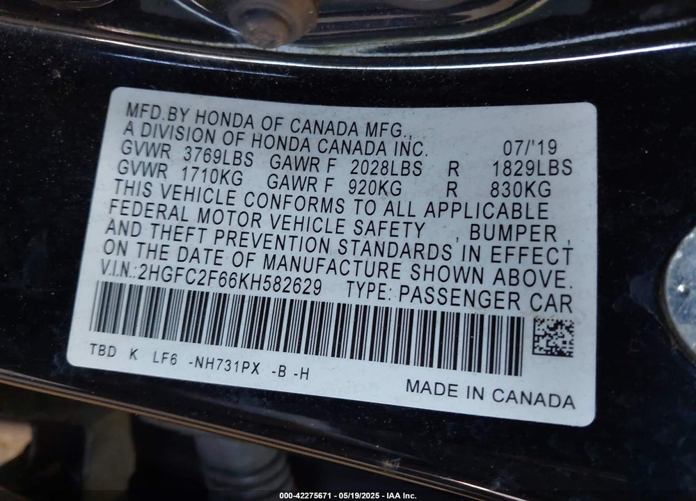 2019 HONDA CIVIC VIN: 2HGFC2F66KH582629