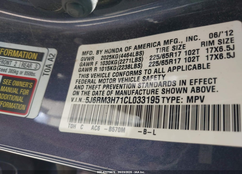 2012 HONDA CR-V VIN: 5J6RM3H71CL033195