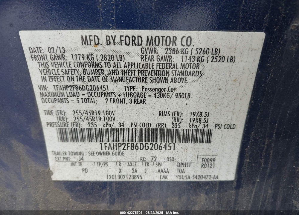2013 FORD TAURUS VIN: 1FAHP2F86DG206451