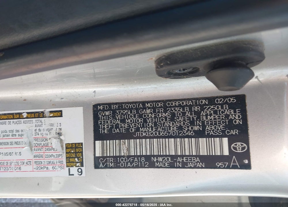 2005 TOYOTA PRIUS VIN: JTDKB20U657012346