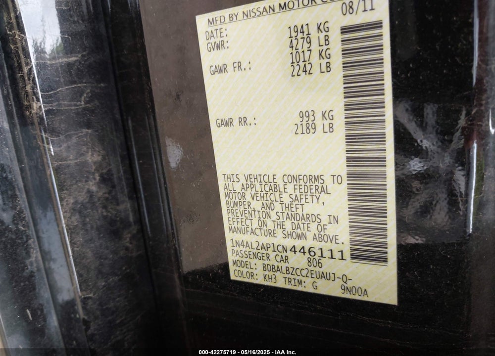 2012 NISSAN ALTIMA VIN: 1N4AL2AP1CN446111
