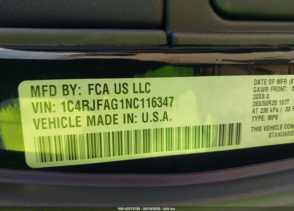 2022 JEEP GRAND CHEROKEE WK VIN: 1C4RJFAG1NC116347