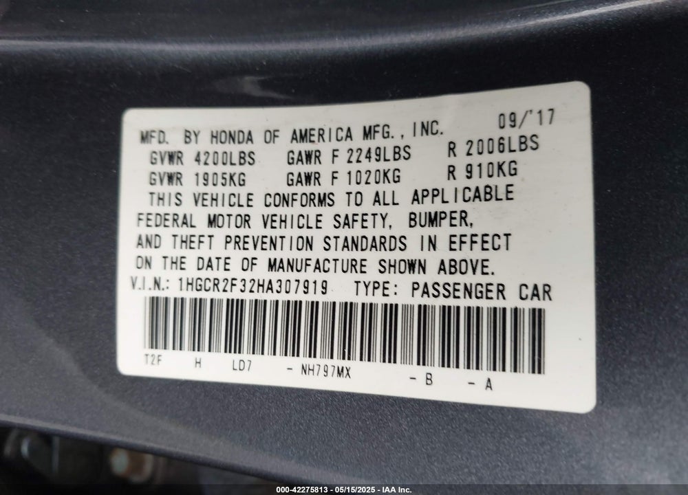 2017 HONDA ACCORD LX VIN: 1HGCR2F32HA307919