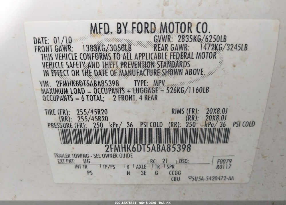2010 FORD FLEX VIN: 2FMHK6DT5ABA85398