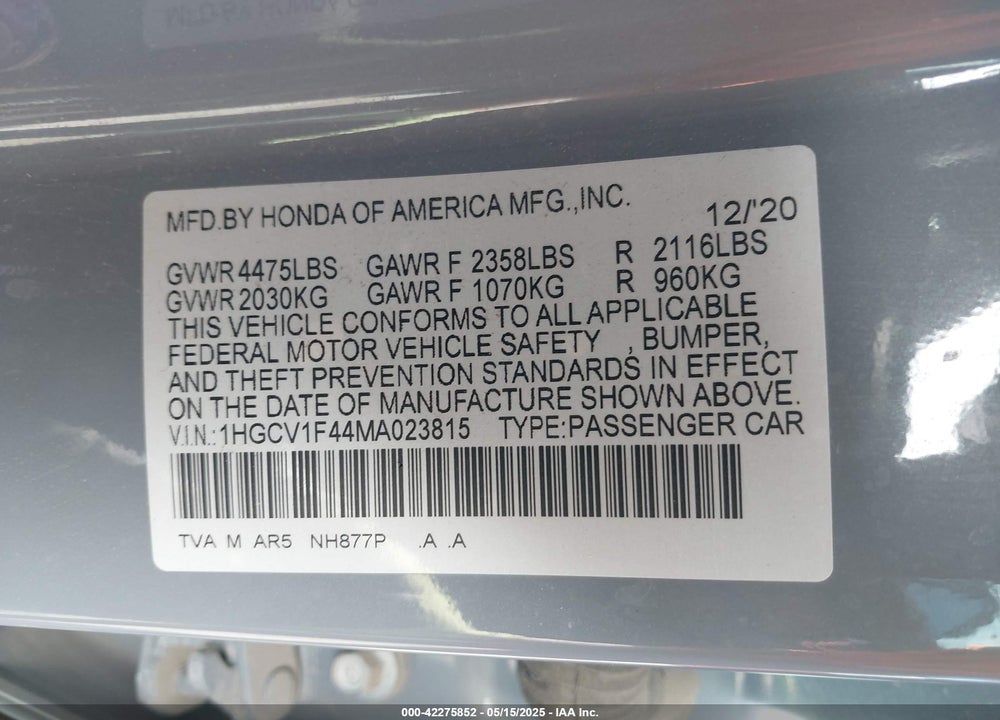2021 HONDA ACCORD SPORT SPECIAL EDITION VIN: 1HGCV1F44MA023815