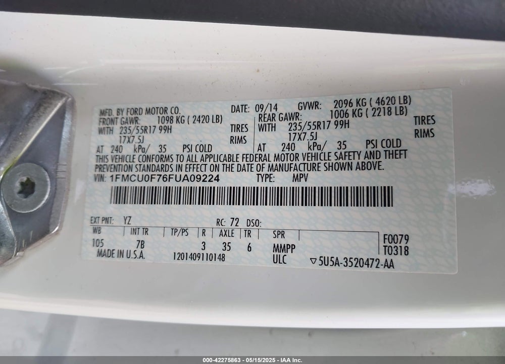 2015 FORD ESCAPE VIN: 1FMCU0F76FUA09224
