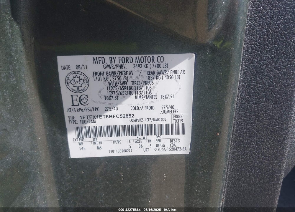 2011 FORD F-150 VIN: 1FTFX1ET6BFC52852