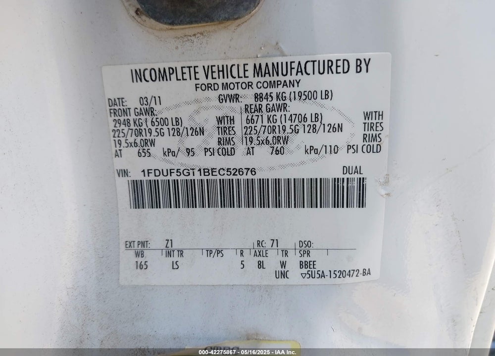 2011 FORD F-550 CHASSIS XL VIN: 1FDUF5GT1BEC52676