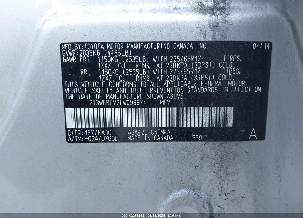 2014 TOYOTA RAV4 VIN: 2T3WFREV2EW099974