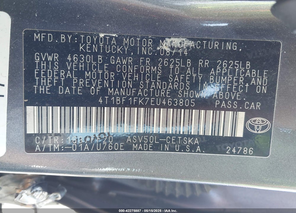 2014 TOYOTA CAMRY VIN: 4T1BF1FK7EU463805