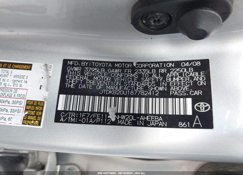 2008 TOYOTA PRIUS VIN: JTDKB20U187782412