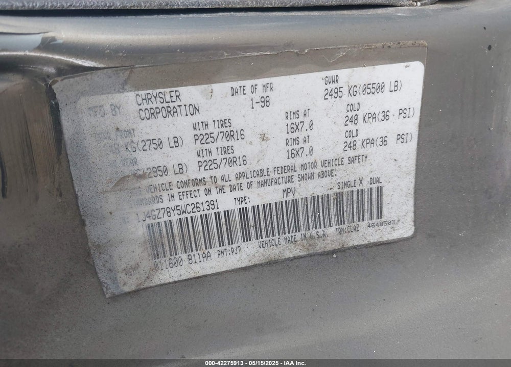 1998 JEEP GRAND CHEROKEE LIMITED VIN: 1J4GZ78Y5WC261391