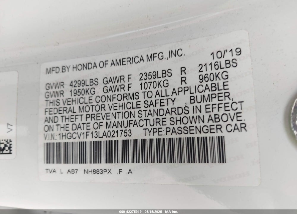 2020 HONDA ACCORD VIN: 1HGCV1F13LA021753