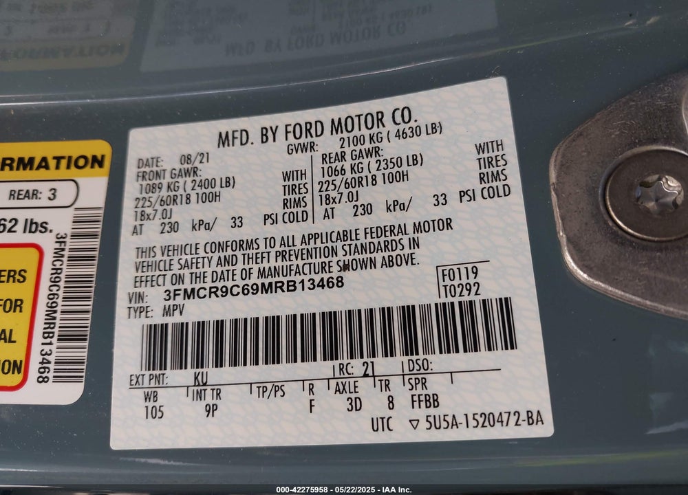 2021 FORD BRONCO SPORT VIN: 3FMCR9C69MRB13468