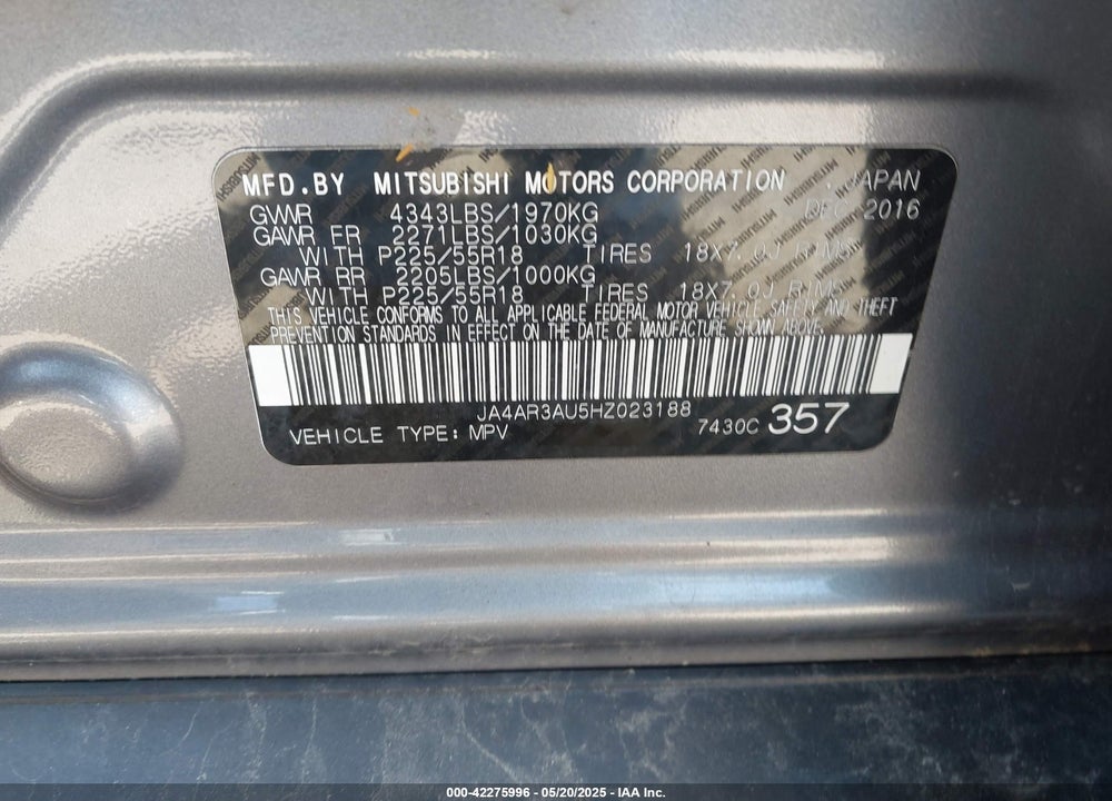 2017 MITSUBISHI OUTLANDER SPORT VIN: JA4AR3AU5HZ023188
