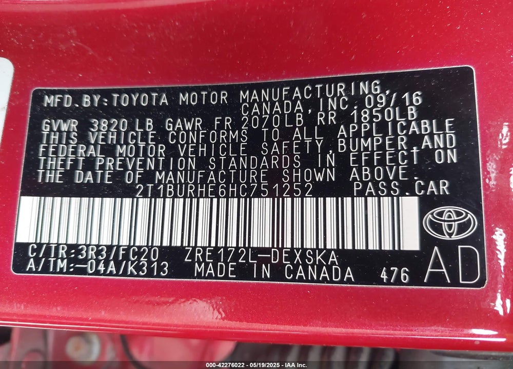 2017 TOYOTA COROLLA VIN: 2T1BURHE6HC751252