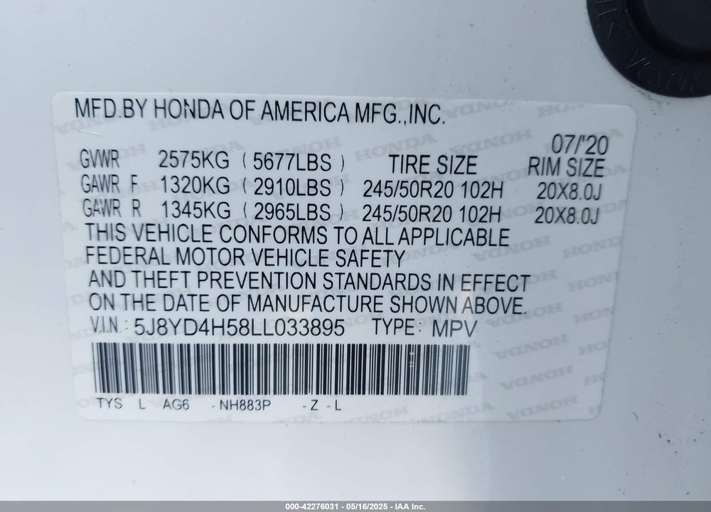 2020 ACURA MDX VIN: 5J8YD4H58LL033895