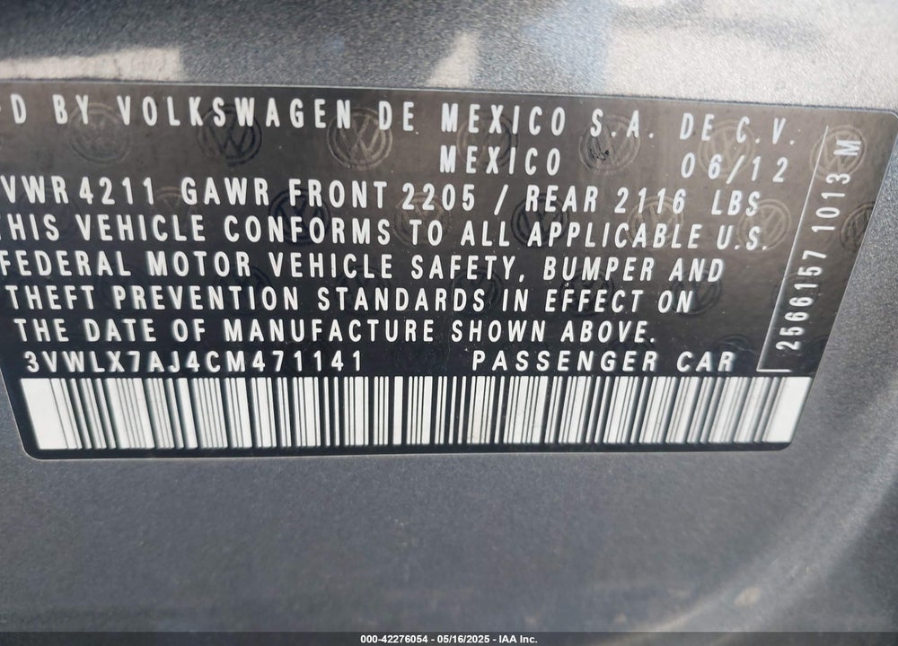 2012 VOLKSWAGEN JETTA VIN: 3VWLX7AJ4CM471141