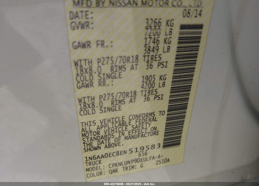 2014 NISSAN TITAN VIN: 1N6AA0EC8EN519583