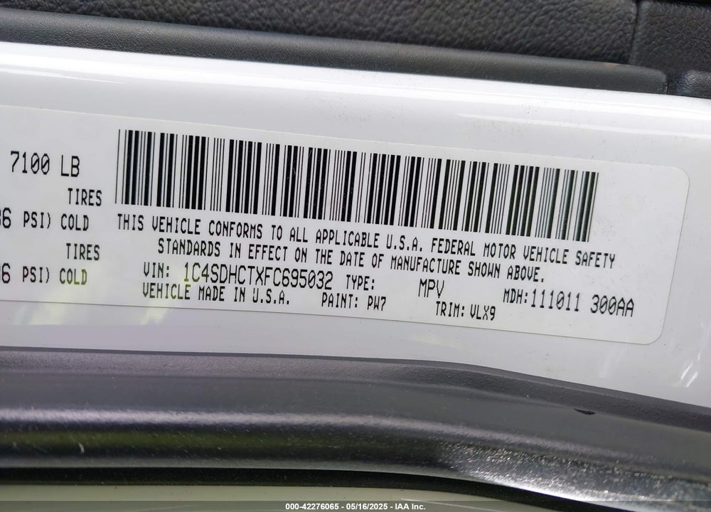 2015 DODGE DURANGO VIN: 1C4SDHCTXFC695032