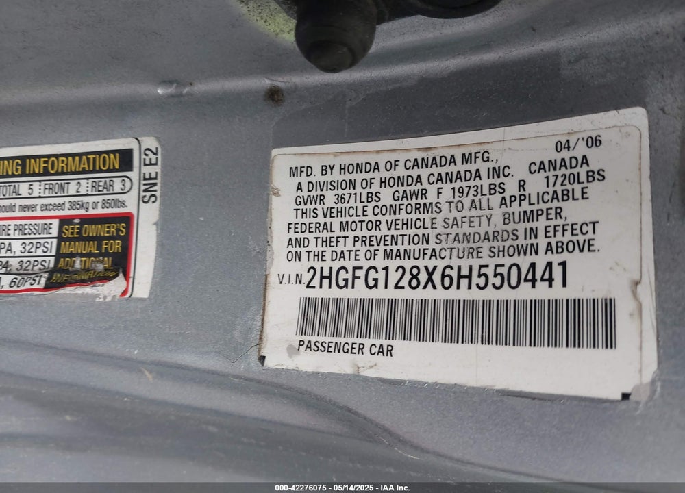 2006 HONDA CIVIC VIN: 2HGFG128X6H550441
