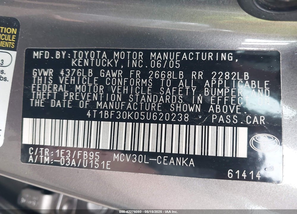 2005 TOYOTA CAMRY LE V6 VIN: 4T1BF30K05U620238